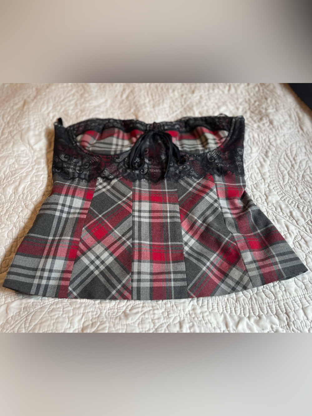 Arden B Plaid Bustier Top in Red, Gray & Black